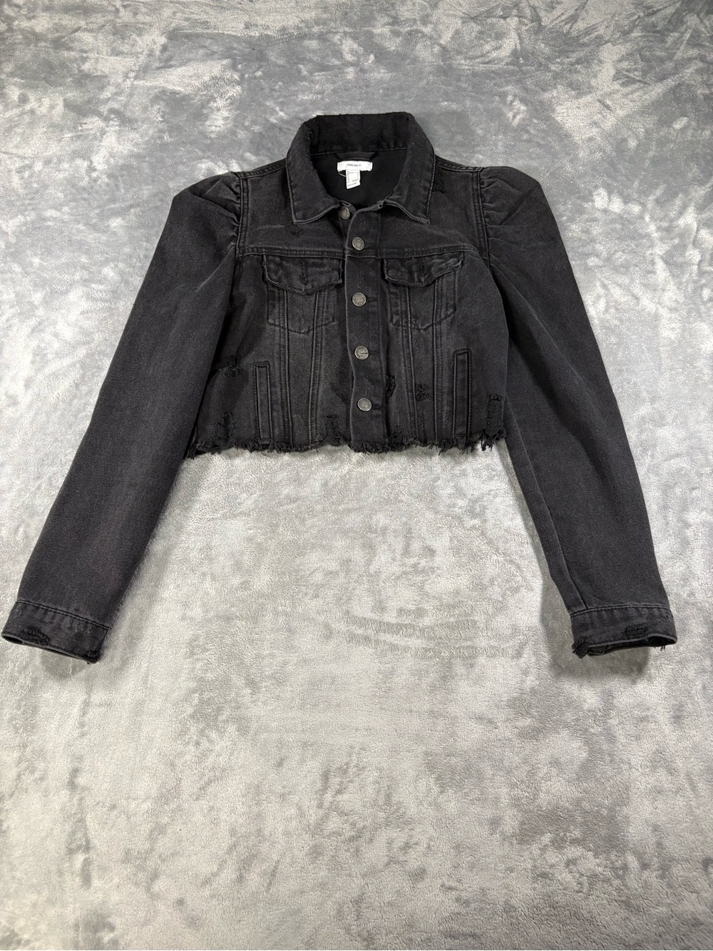 Forever 21 Black Cropped Denim Jacket with Puff Shoulders